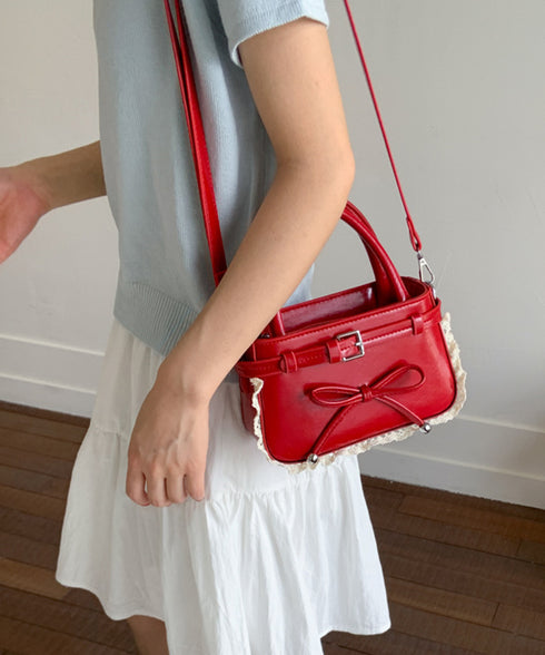 ショルダーバッグ 小さめ フェイクレザー ハンドバッグ スクエア 2way 肩掛けバッグ リボンデザイン 大人かわいい手提げ鞄 レース 斜め掛けカバン フェミニン 77YUEL-002